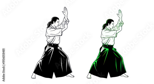 Aikido Martial Artist in Gi Uniform, Dynamic Pose, Black and White with Green Accent