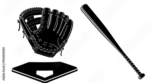 Baseball Equipment Silhouette: Glove, Bat, and Home Plate