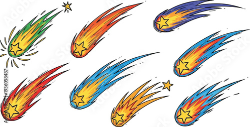 Set of eight colorful cartoon shooting stars or comets with star cores streaking across a white background in various vibrant hues.