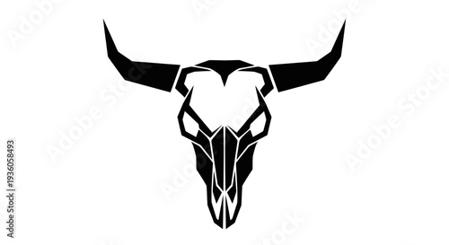 Black Bull Skull Silhouette Icon, Tribal Style, Isolated on White Background