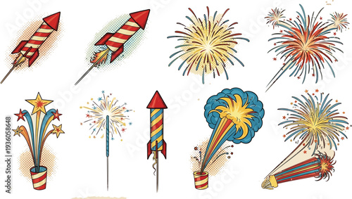 Various colorful firework rocket and burst illustrations are displayed against a white background for celebration graphics.