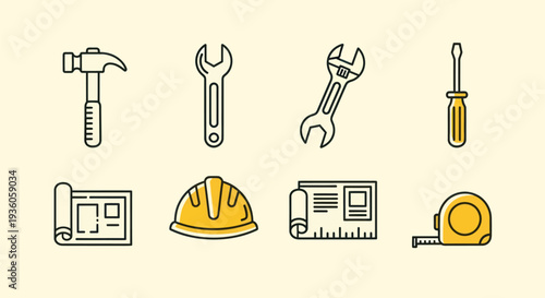 Construction tools and equipment icons