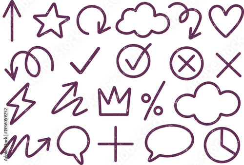 Hand drawn purple sketch doodle icon collection with basic signs symbols arrows clouds and shapes