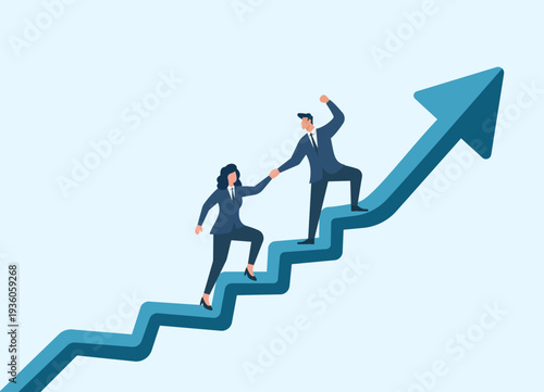 Businessman Helping Businesswoman Climb a Rising Growth Arrow, Corporate Mentorship Program, Teamwork and Collaboration, Career Development Support, Leadership and Guidance, Joint Success Strategy