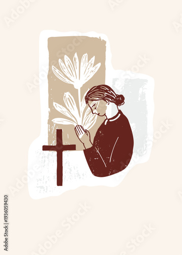 Handmade bible journaling element set with botanical motif, irregular texture, christian cross. Flat isolated vector collection bundle for prayer scrapbook, stationery. Modern religious collage nun