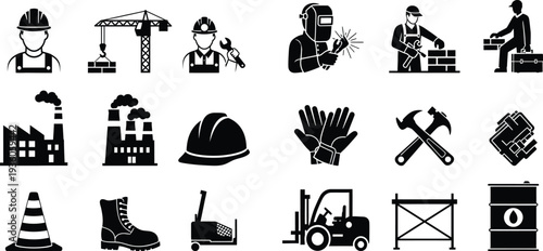 Construction worker silhouette icons set for industrial and building concepts