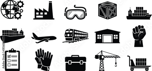Industrial and business icons in black silhouette on white background