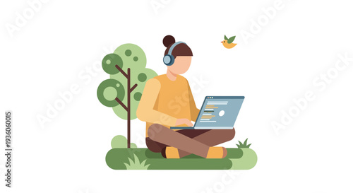 Remote worker with headphones sits outdoors on grass using laptop
