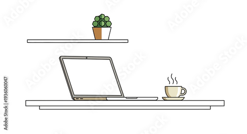 Person attending video conference on laptop with coffee and plant nearby