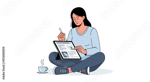 Woman working remotely on digital tablet with stylus in a relaxed seated position with coffee nearby illustration