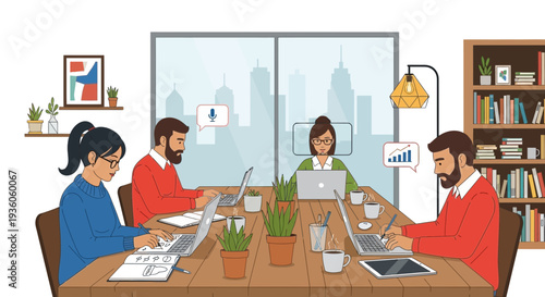 People in office setting with laptops discussing business concept remotely together