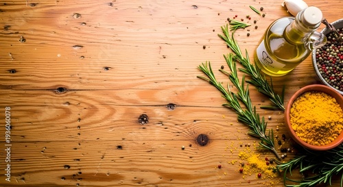 Rustic wooden surface adorned with aromatic rosemary, vibrant turmeric, peppercorns, and olive oil, creating a warm, inviting culinary backdrop for food photography.