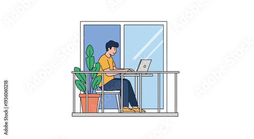 Man working remotely on laptop while sitting on balcony with plants around him enjoying travel lifestyle
