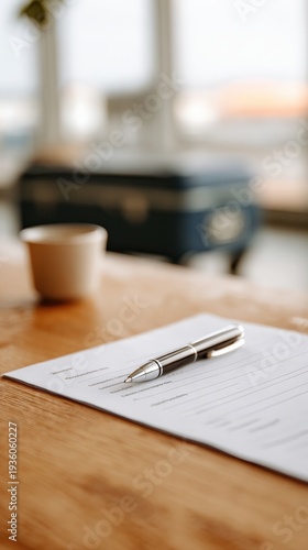 Wallpaper Mural Customs declaration form with pen and coffee stain on wooden counter under soft daylight for International Customs Day Torontodigital.ca