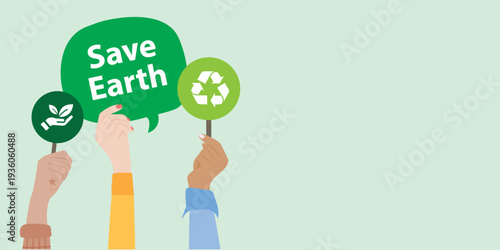 Hands holding speech bubbles and eco icons with Save Earth message. Environmental awareness concept about sustainability, recycling and protecting the planet.