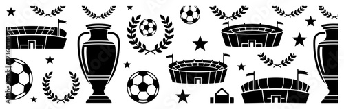 Soccer tournament banner with winner trophy stadium and ball elements
