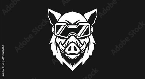 Stylized boar head with protective eyewear