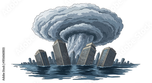 A city skyline with buildings in silhouette surrounded by rising water and a large storm cloud with rain and smoke, conveying a sense of climate change impact and risk