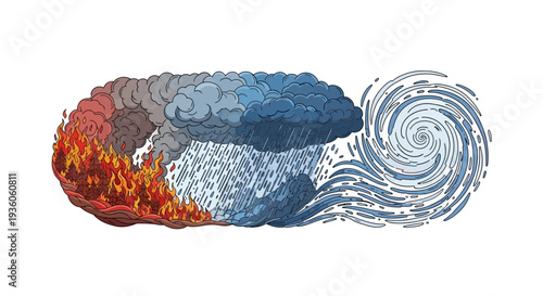 Climate change impact vector illustration showing globe with fire, smoke, rain, and swirling wave against a clean white background