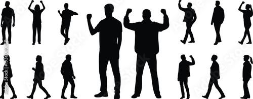 Human silhouettes group poses, raised fists gesture, unity strength vector illustration, diverse stances design, victory expression art, people standing figures