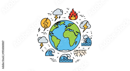 A vector illustration depicting climate change impacts with a globe surrounded by weather and environmental elements like rain, fire, and rising sea levels on a white background