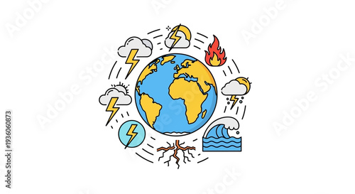 A colorful illustration of the Earth surrounded by climate change impact symbols like flames, lightning, and rising sea levels on a white background