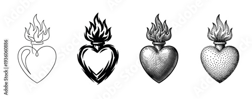 Four distinct sacred heart with flames illustrations showcasing minimalist, bold graphic, vintage woodcut, and dotwork styles in a striking black and white composition