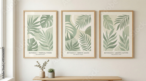 Modern set of three abstract botanical prints in soft sage green tones. Perfect for gallery wall decor in living room, bedroom, or office. Minimal and calming aesthetic.