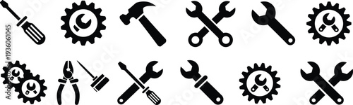 Tool icons silhouettes, repair and maintenance symbols, mechanical vector illustration, engineering design elements, construction equipment, handyman tools, industrial work graphics