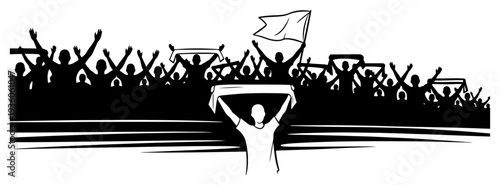 Crowd of football fans silhouette cheering with scarves and flags at stadium