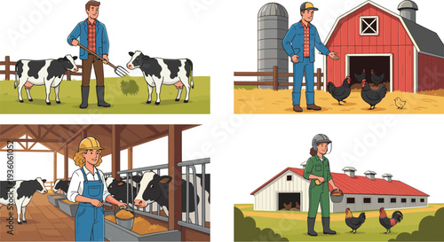 Cartoon farm scenes with farmers feeding cows and chickens near barns, showcasing animal care, rural life, and agricultural activities
