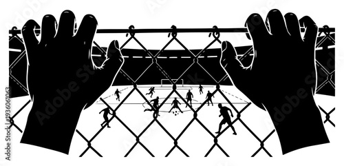 Perspective view through a fence of hands watching a football match in stadium
