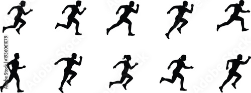 Running silhouettes sequence, athletic motion illustration, jogging figures, sports training vector, dynamic posture, fitness exercise, marathon runners, human biomechanics design
