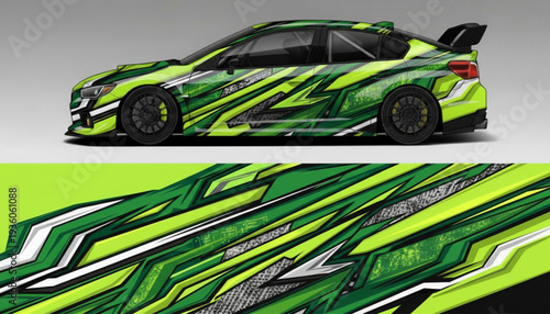 Dynamic green and black geometric racing car wrap design.