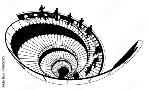 Silhouettes of people on a large spiral staircase architectural structure