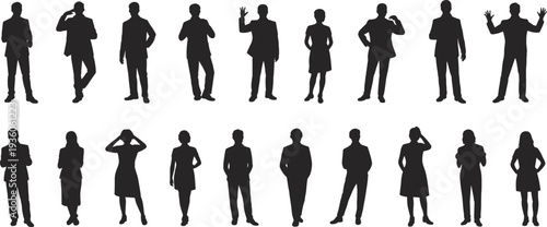 Human silhouette poses, diverse people vector, casual and formal attire illustration, gesture sequence design, posture recognition art, inclusive figure graphics