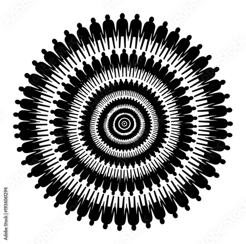 Mandala pattern made of human silhouettes holding hands representing unity and teamwork