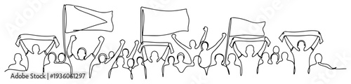 One continuous line drawing of cheering fans with flags at a football match