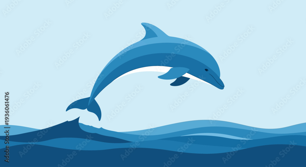 Obraz premium Blue dolphin leaping from ocean waves in flat design