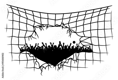 Cheering crowd of fans visible through a torn hole in a soccer goal net