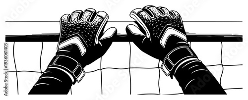 Goalkeeper hands in protective gloves gripping the top crossbar of a soccer goal