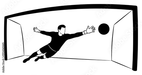 Goalkeeper silhouette diving to catch a soccer ball in front of the goal post