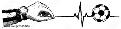 Concept illustration of a hand pulling a heartbeat line ending with a soccer ball