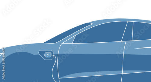 Blue electric car charging with cable and battery symbol