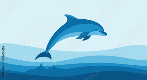 Blue dolphin jumping out of stylized ocean waves
