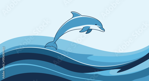 Blue dolphin jumping over stylized ocean waves illustration