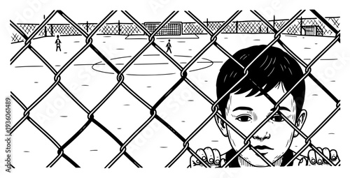 Sad boy looking through a chain link fence at children playing soccer on a field