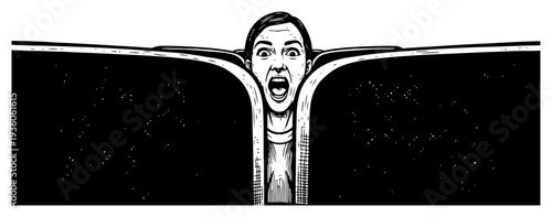 Portrait of a shocked woman peering between dark surfaces in sketch style