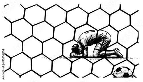 Defeated soccer player kneeling on the pitch seen through a goal net