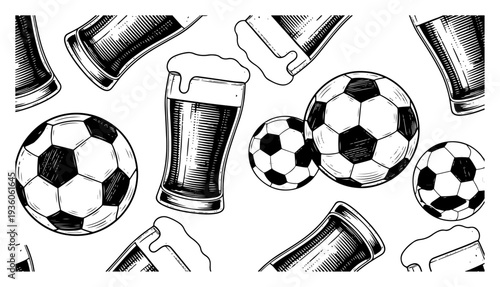 Seamless pattern featuring soccer balls and glasses of foaming beer